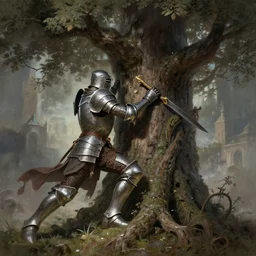 enormous male knight wrestling a living tree, d & d, fantasy, intricate, highly detailed, digital painting, artstation, octane render, concept art, matte, sharp focus, illustration, hearthstone, art by artgerm and greg rutkowski and alphonse mucha