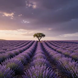 beautiful lavender field, a! single tree! on horizon in center, desaturated colors, sunrise, by charlie waite