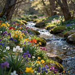 colorful flowers growing next to a gentle creek