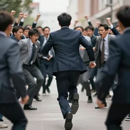 a banker running away from an angry crowd highly detailed