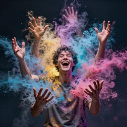 humans , feedback loop , burst of powders ,volumetric lighting, twisting vapour, bellowing dust , emerging hands and beautiful laughing man’s face , full colour , upscale , 4k