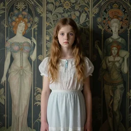 a young beautiful girl in front of a dark wallpaper by ernst haeckel, daguerreotype by edward hopper, by henri rousseau, by Bosch, art noveau, highly detailed, strong lights, liminal, eerie, Bright pastel colors, octane render, 8k,
