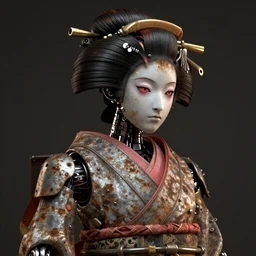 A rusty Japanese robotic geisha, dramatic lighting, hyper-realistic, ultra-realistic, intricate details, 4k, octane render, unreal 5, digital art