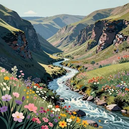 ( ( ( gediminas pranckevicius ) ) ) a small river flow through a valley of rolling mountain cliffs, flower garden summer morning, very coherent and colorful high contrast art by simon stalenhag james gilleard floralpunk papercut grainy risograph, dark shadows, pastel color, hard lighting