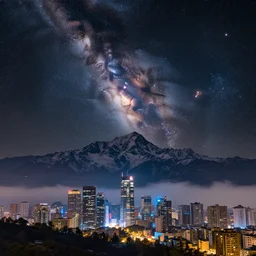 a beautiful double exposure of a deep field astrophotography image by hubble in the sky, and a night time landscape with towering mountains above a cyberpunk city, skyscrapers, aircraft, mist, snow, lpoty, award winning, apod, low noise, detailed, sharp
