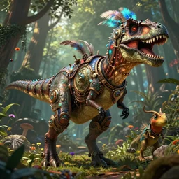 raptor trex dinosaur jurassic park world ark evolution land before time forest creature epic digital fantasy style beeple, by thomas kinkade hearstone league of legends dofus overwatch a wild amazing steampunk baroque ancient alien creature, intricate detail, colorful global illumination rtx bioluminescent wooly feather