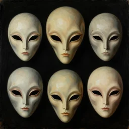 portrait painting of a tribal alien masks, by norman rockwell. muted colors, soft gradients. baroque period, renaissance masterpiece. black background. trending on artstation. retrofuturism.