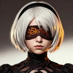 gentle portrait of nier automata 2 b ornate blindfold by nikolay makovsky greg rutkowski. brown black, orange, yellow. sharp contrast