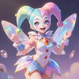 highly detailed, digital art, pixiv fanbox, trending on artstation, ray tracing, volumetric lighting, sharp focus, overwatch style, cute fairy jester clown woman, smiling, pastel rainbow color scheme, iridescent and pearlescent, arcane, hearthstone, by artgerm, wlop, greg rutkowski, ghibli,