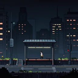 dark city bus stop, side-scrolling 2d platformer game, by Noah Bradley,very detailed,ArtStation