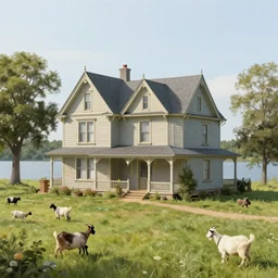 quaint victorian farmhouse beside a lake with goats in the adjacent yard, by henri rousseau, full resolution