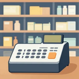 cash register in front of a wall of building supplies vector art