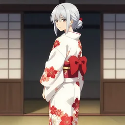 (beautiful) girl, silver hair, white kimono with complex red flower patterns, full body, looking to camera, showing her shoulder from back, ilustration by ((Takehiko Inoue)) ((and Krenz Cushart))