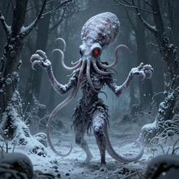one eyed ethereal being with a squid like parasite overtaking its head the character has two long tentacles for arms and skin like snow, this being lives in the snowy wasteland and feeds on lost souls, it is averse to like and hides in the shadows of the trees, it has umbrakinesis and cryokinesis and is being designed for the resident evil game series with inspiration from the silent hill franchise