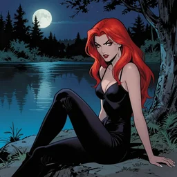 a beautiful comic book illustration of a vampire woman with long red hair sitting near a lake at night by chip zdarsky, featured on artstation