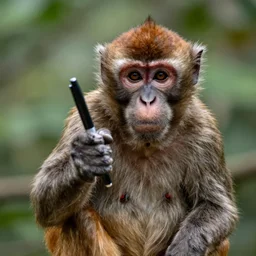 monkey showing a pen towards the camera, by eduardo kobra