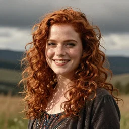 Amy Adams as a young redhead, a wild and curls hairstyle, smiling