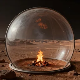 campfire in a valley on mars inside of mars bubble habitat