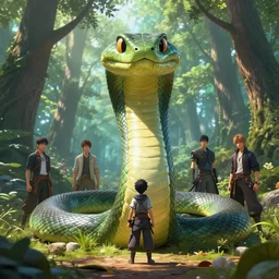 A small character standing before a giant snake in a beautiful forest by Greg Rutkowski, Sung Choi, Mitchell Mohrhauser, Maciej Kuciara, Johnson Ting, Maxim Verehin, Peter Konig, final fantasy , 8k photorealistic, cinematic lighting, HD, high details, atmospheric,