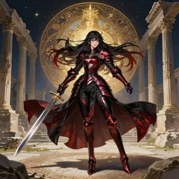 evilly knights of zodiac girl, black and reddish color reflected armor, sword and katana dance in ruined agora of athens fallen night, ssci - fi and fantasy, intricate and very very beautiful and elegant, highly detailed, digital painting, artstation, concept art, smooth and sharp focus, illustration, art by tian zi and wlop and alphonse mucha