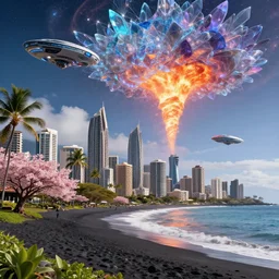 futuristic hawaiian megapolis on waiʻanapanapa state park black beach of maui during interstellar crystalized fractal kaleidoscope glass sky, blazing fire tornadoes, lush sakura, advanced civilization, high tech spaceships, by peter mohrbacher, james jean, james gilleard, greg rutkowski, rule of thirds, octane render, beautiful