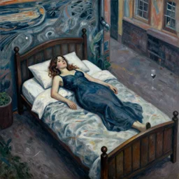 subdued aerial view by edvard munch. a street art of a woman reclining on a bed.