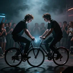two guys using a bicycle as a stroboscope in front of an audience, techno, foggy, dark, intense, rendering, high details, 3 5 mm