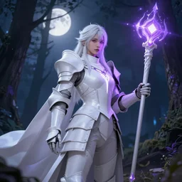 fantasy portrait white which light armor in a forest moonlight purple glowing staff high quality artstation dynamic lighting wide view