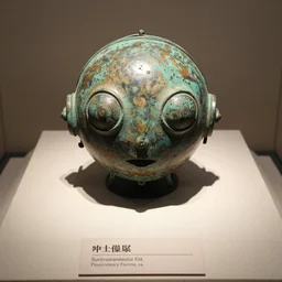 a martian artifact in a museum with a placard, bronze, old, alien, verdigris, mechanical