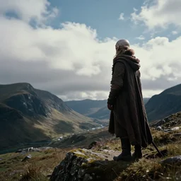 aalien in lord of rings wandering trough the mountains looking at the clouds very detailed focused photography cinematic lighting, sun and shadows, taken by martin parr, colour photo kodachrome