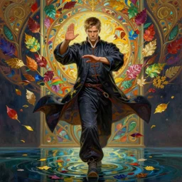 serah farron cyberpunk magician in tai chi pose walking on water as an intricate detailed color oilpaint, 3 d render, hyper realistic detailed portrait, big flocking color leaves, ornate leaves, elegant, intense colors, ruan jia, wlop. scifi, fantasy, hyper detailed, octane render, concept art, by peter mohrbacher, by alphonse mucha, by wlop,