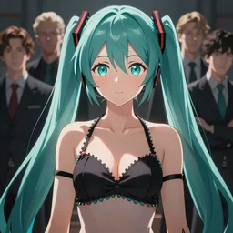 Anime art very beautiful Hatsune miku by Gil Elvgren, Vladimir Volegov, Earl Moran, Enoch Bolles, Lois van baarle, Greg Rutkowski, symmetrical shoulders, tiny revealing black bra