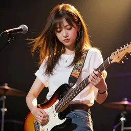 rockstar asian girl playing electric guitar on stage. by amano yoshitaka, digital art, digital painting, artstation trending, unreal engine, by rembrandt