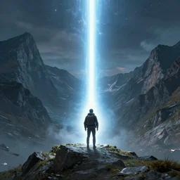 man on a mountain channeling cosmic light as a battle rages on between a red army and a blue army, 4k, masterpiece, beautiful, digital art
