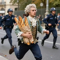 French person struggling to hold several baguettes in paper bags while running from the French police, Rococo style, stylized, vibrant colors