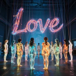 love, double exposure groups of people with glowing bodies, from behind, rebirth, wide angle, cinematic atmosphere, elaborate wires, highly detailed, vivid colors, dramatic lighting