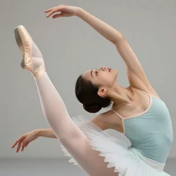a female ballet dancer doing an extreme stretch, dance photography, pastel colors palette, anatomic photography, high detail, zoom in, foreshortening, natural light