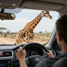 a giraffe drives a car, cinestill 8 0 0 t