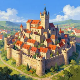 a digital painting of a walled city, vibrant colors, ultra detailed, medieval, fantasy