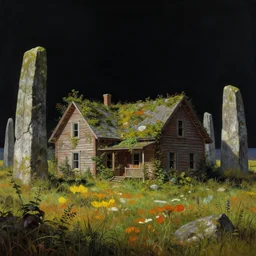 a scene of an overgrown farmhouse in an open field surrounded by ancient monoliths. highly detailed science fiction painting by norman rockwell, frank frazetta, and syd mead. rich colors, high contrast, gloomy atmosphere, dark background. trending on artstation