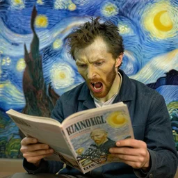 a man pulls out his hair while reading a magazine, in the style of screaming, author van gogh