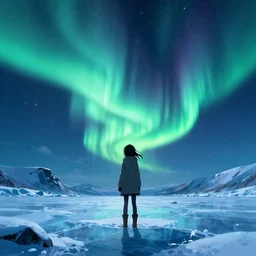 anime girl standing on the aurora borealis that is trapped in the ice within the artic, starry sky