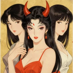 portraite of a gorgeous devil woman portrait by ikenaga yasunari and ayana otake and ko rakusui, 6 0 s poster, drawing, realistic, sharp focus, japanese, dreamy, nostalgia, faded, golden hues,