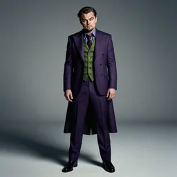 dslr photography of leonardo dicaprio playing the riddler from the new warner brother's grimdark r - rated batman movie, full body photography, cinematic, studio portrait