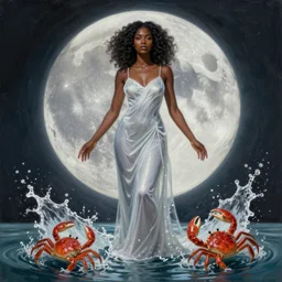 lunar goddess with dress made of splashing water, crustaceans, beautiful mixed race black woman in water gown, lunar imagery, crab symbolism, digital oil painting by artgerm, greg rutkowski, mucha, portrait | art nouveau. d & d. ornate intricate detail, complimentary water tones. sharp edges. clear detailed. 8 k. elegance