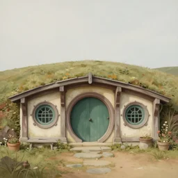 hobbit house. muted colors. by Jean-Baptiste Monge style of Jean-Baptiste Monge painted by Jean-Baptiste Monge in art book of Jean-Baptiste Monge, art by Jean-Baptiste Monge, drawings by Jean-Baptiste Monge, paintings by Jean-Baptiste Monge