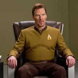 movie film still of Benedict Cumberbatch as Captain Picard sitting the captain's chair on the bridge of the Enterprise, in a new Star Trek The Next Generation movie, cinematic