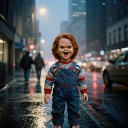 street of new york, photography, night, rain, mist, a screaming chucky doll, cinestill 8 0 0 t, in the style of william eggleston