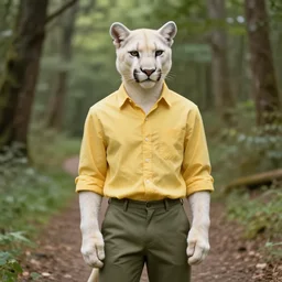 beautiful portrait commission of a male Furry Anthro albino mountain lion Fursona. yellow button-down shirt, olive green slacks. forest trail. Atmospheric. Renowned character illustration by greg rutkowski, thomas kindkade, alphonse mucha, loish, norman rockwell. detailed, inked, western comic book art