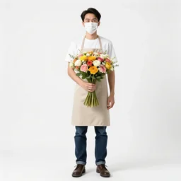 masked florist holding a bouquet, photorealistic portrait photography, full body, standing, isolated on a pure white background, centered, whole figure in frame, sharp focus, studio lighting